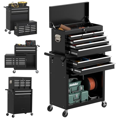Granper 8 Drawer High Capacity Rolling Tool Chest, Metal Tool Box with Wheels and Drawers, Detachable Toolbox with Lock, Heavy Duty Tool Cabinet for Workshop, Warehouse and Garage (Black)