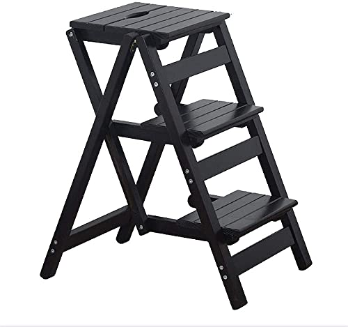 Step Stool, 4-Step or 3-Step Folding, Portable, Made of The Solid Wood, Three Color Available (3-Step Black)