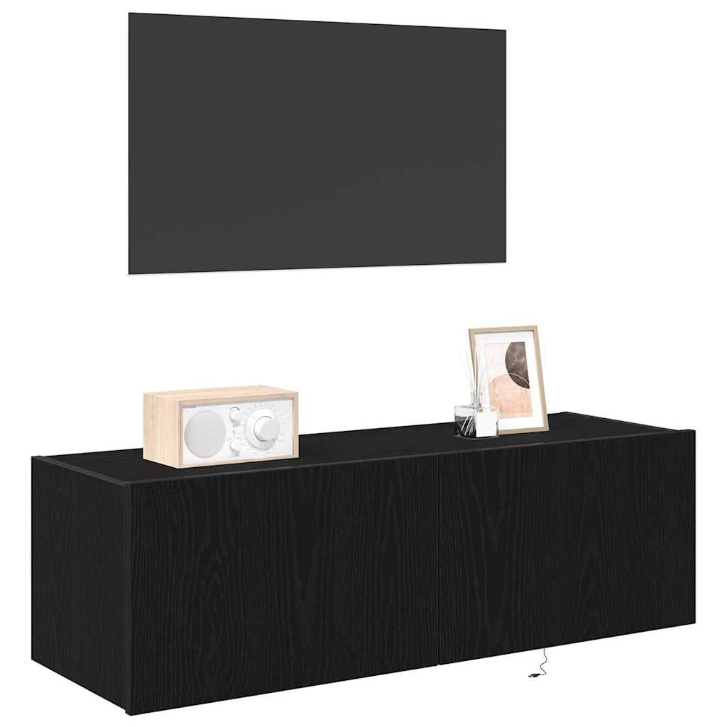 Szafka ścienna pod telewizor, zestaw 2 sztuk, wygląd czarnego dębu, 100 x 35 x 31 cm, nowoczesny regał wiszący do salonu, konsola medialna z oświetleniem LED