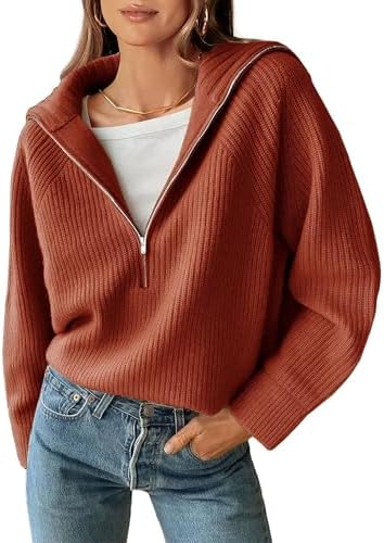 BTFBM Womens Sweaters Quarter Zip Pullover V Neck Collar Long Sle...
