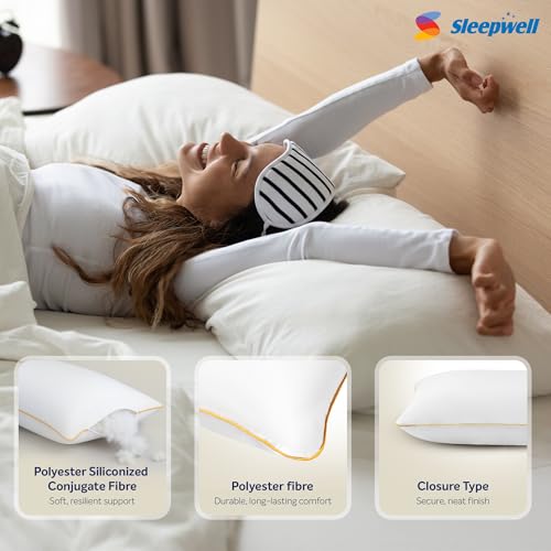 Image of Sleepwell Huggs Premium Plush Fibre Pillow | White |Hand Washable | Microfibre Outer Cover | Polyester Siliconized Conjugate Fibre | Excellent Neck Support | 27 x 17 Inches | Pack of 1