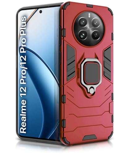Image of WOW IMAGINE Shock Proof Back Case Mobile Cover for Realme 12 Pro 5G | Realme 12 Pro Plus 5G | P1 Pro 5G | Back Cover Case (Tough Armor | Hybrid PC + TPU | Ring Holder & in-Built Kickstand | Red)