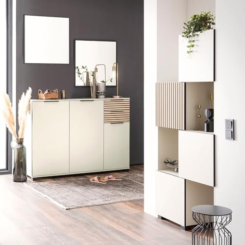 Lomadox Garderoben Set 4-teilig Schuhschrank Schuhkommode verstellbares Regal Schrank Spiegel modern in beige mit Eiche Natur