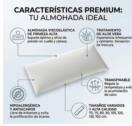 Almohada viscoelástica Aloe Vera de firmeza Alta 100% Natural, hipoalergénica, Transpirable y antibacteriana, Muy Duradera. (135 cm)