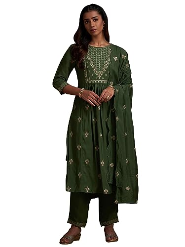 Image of INDO ERA Women's Embroidered Poly Silk Kurta With Pant & Dupatta Set (IEOUT7099)