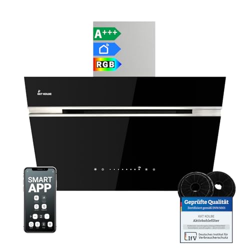 KKT KOLBE A+++ Dunstabzugshaube 60 cm 782 cbm/h Umluft Abluft Kopffrei Wandhaube | Schwarz Silber Edelstahl | Glas | Nachlaufautomatik | Smart WiFi App WLAN | SensorTouch | RGBW LED | AURORA6005SE