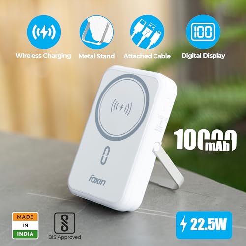 Image of Foxin All-in-One Mag Pro 10000mAh Magnetic Wireless Power Bank | 22.5W Fast Charging, MagSafe & Wireless Charging for Android & iPhone 12 & Above | Built-in Cables | Stand | BIS Certified | White