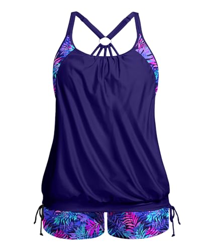 Image of Holipick Plus Size Tankini Swimsuits for Women Two Piece Tummy Control Bathing Suit Blouson Tankini Top with Shorts