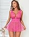 ADOME Sexy Polka Dots Mesh Sheer Lace Babydoll Chemise Lingerie Set Floral Sleep Wear Hot Pink Large