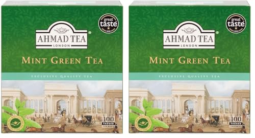 Ahmad Tea - Té verde con menta - Paquete grande - Bolsa de té de doble cámara con cinta de 2 g por porción - 100 bolsitas de té, 200g (Paquete de 2)