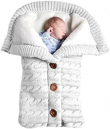 insular Warm Baby Sleeping Bag Envelope Winter Kid Sleepsack Footmuff Stroller Knitted Sleep Sack Newborn Knit Wool Swaddling Blanket (White)