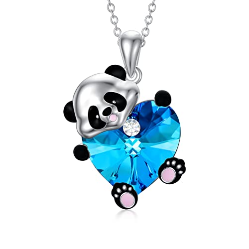 AOBOCO Panda Necklace Sterling Silver Panda Bear Necklace with Blue Heart Austrian Crystal, Panda Jewelry Gifts for Girls Panda Lovers Women