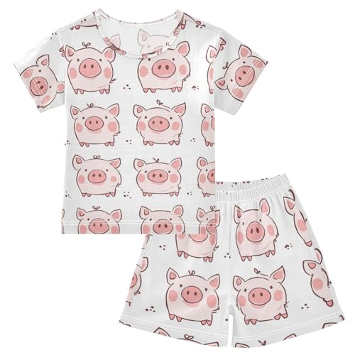 Pajama Short Sets Cute Pink Pig Pattern Soft Cotton Summer Sleepwear 2 Piece PJS Size 5-14T