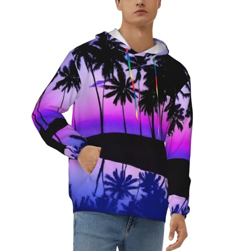 Mens Hoodie Pullover Casual Long Sleeve Drawstring Top Palm Tree Purple Sunset Print Hooded Sweatshirt With Pocket