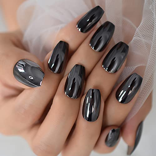 Coolnail Metallic Mirror Effect Gray Black Metal Plating Square Press On False Acrylic Punk Nail Tips Ballerina Coffin Fake Finger Nails thumb #8