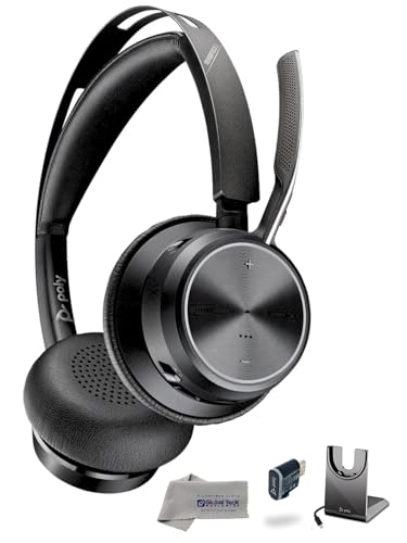 Poly Plantronics Voyager Focus 2 USB C Stereo Bluetooth Wireless Headset with USB-C Dongle and Charging Headset Stand - for Meetings, Teams, Zoom, Ringcentral, Mobile Phone Calls, PC, w/GTW Cloth