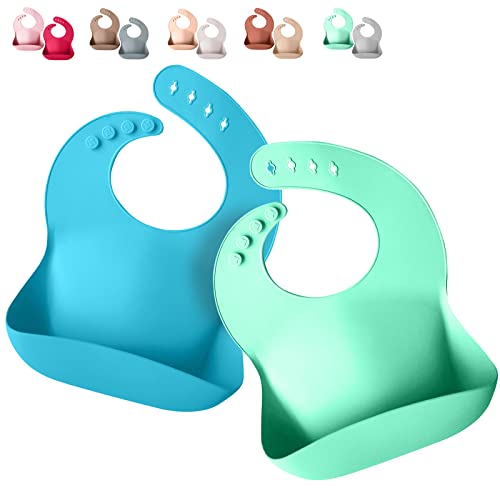 Image of Sperric Silicone Baby Bibs - Soft Silicone Bib with Food Catcher and Waterproof Material - Adjustable Fit for Baby and Toddler (Green/Blue)
