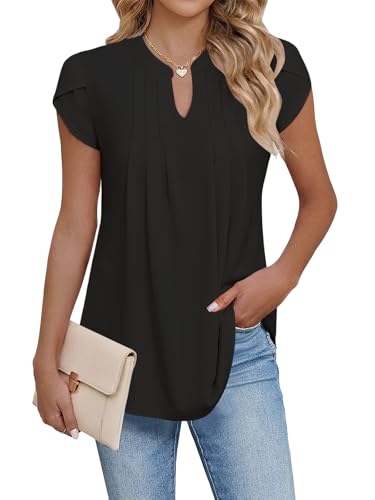 Cuptacc Top Damen V-Ausschnitt Blusenshirt Damen Sommer Kurzarm Blumen Falten Lässig Lange Tshirts Schwarze, XXL 50-54