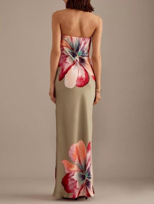 Image of Women Y2k Strapless Maxi Dress Floral Print Tube Long Dress Boho Beach Sundress Going Out Streetwear