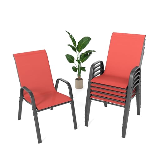 Image of Outdoor Patio Chairs Set of 6 Stackable Dining Chairs All-Weather Textilene Furniture Set for Pool Deck, Backyard, Garden