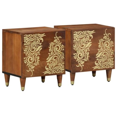Ordellia Cabinet de Chevet en Bois de manguier Massif Marron Miel 2 pcs, Meuble appoint Compact 40 x 33 x 46 cm, Rangement Chambre avec Porte et Boutons en Laiton pour lit Salon Adulte Enfant