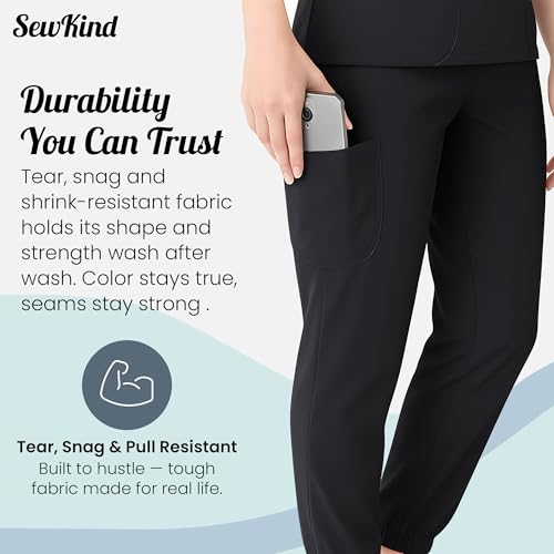 SewKind Women’s Scrub Set – V-Neck Top & Jogger Pants with 6 Pockets, Modern Fit, Durable 100% Polyester, Professional Healthcare Uniform - Black, L