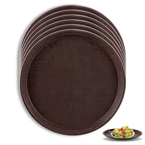 GBACHOOSE 6 Pack Round Serving Tray, 28 cm/11 inch Non-Slip Drinks Tray, Round Rubber Bar Serving Tray for Gatherings, Events, Bars, Home Use, Brown