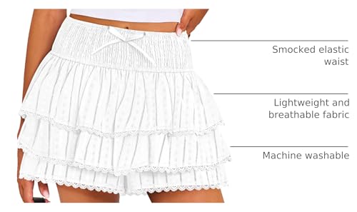 ZESICA Women's Summer Boho Ruffle Tiered Mini Skirt 2025 High Waist Skorts Flowy Casual Beach Shorts,White,Large