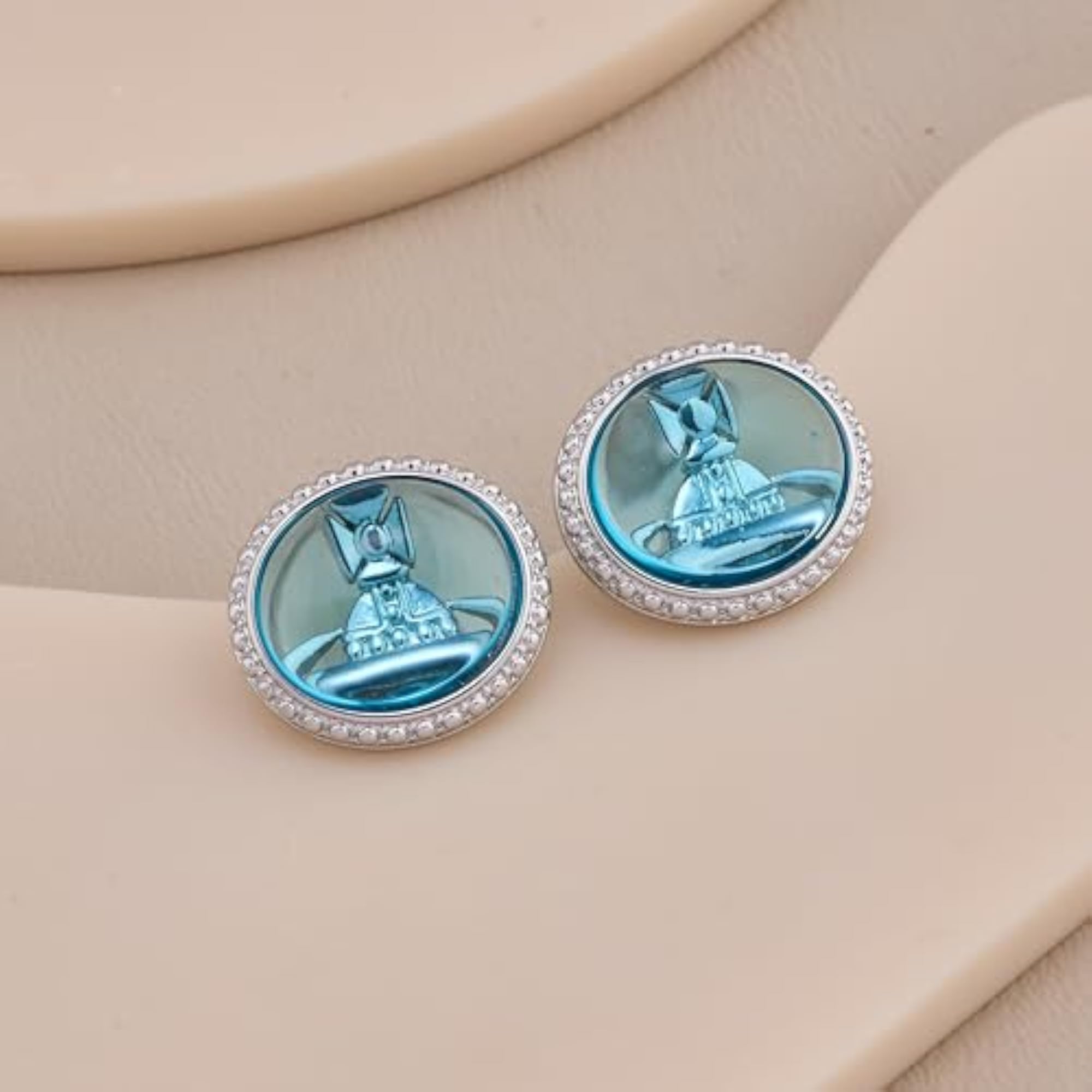 Women's Round Stud Earrings with Aqua Blue Center and American Diamonds