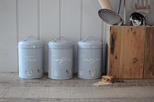 Sophie Allport - Sugar Canister, Chicken Print Storage Tin, Galvanised Steel, 15cm High, Sage Grey, Kitchen Accessories