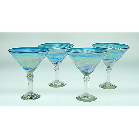Mexican Glass Martini Blue White Swirl 15 Oz (4) Cover