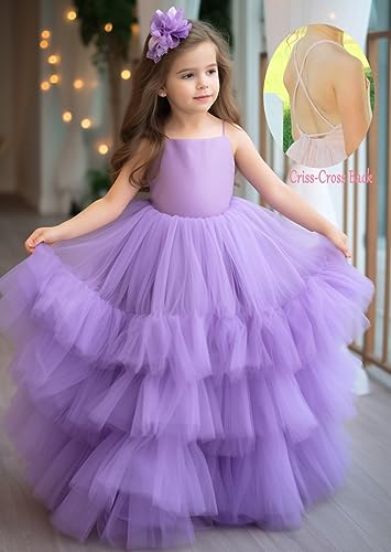 Cute Flower Girl Dress Spaghetti Straps Open Back Tiered Skirt Satin and Tulle Long Girls Pageant Dresses3
