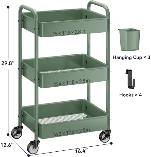 YASONIC 3-Tier Rolling Cart, Green, 66 Pounds Capacity, Mesh Storage Organizer with Lockable Wheels, 3 Hanging Cups, 4 Hooks, Easy Assembly, for Kitchen, Bathroom, Laundry, Grocery