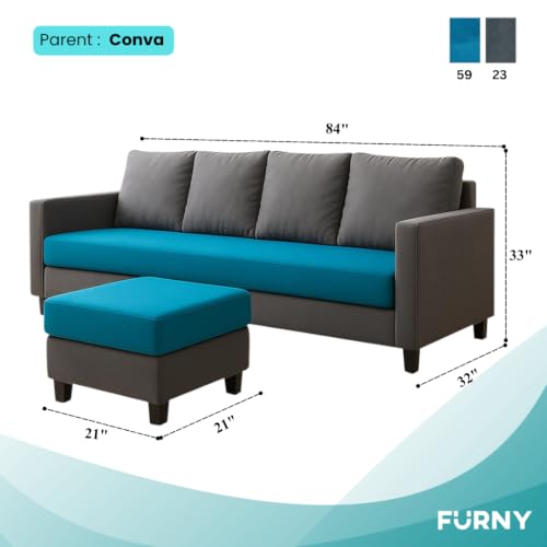 Image of Furny Auray 4 Seater Fabric Sofa Set with Ottoman (Aqua Blue-Dark Grey)