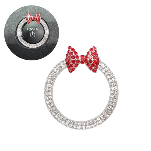 ORIESSE Red Bow Car Accessories,Bow Tie Push Start Button Ring,Bling Girly Bow Car Decor for Women,White Rhinestone Engine Start Button Ignition Ring Charm