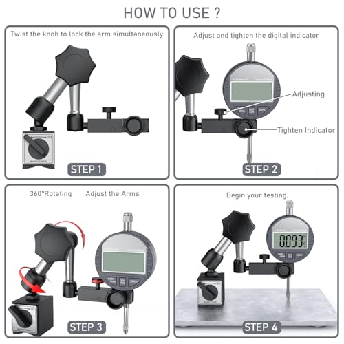 Image of HDLNKAK Digital Dial Indicator Gauge with Magnetic Base Stand 90lbs /40kg Tensile Force, Indicator Holder for 0-1 inch /25.4mm, 0.01mm /0.0005 inch Inch /Metric Conversion