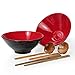 2 zestawy (6 sztuk) porcelanowych misek Ramen, pojemność 1032 ml, makaron i zupę japońską z łyżeczką i pałeczkami, bezpieczne w kuchence mikrofalowej i zmywarce, czerwone, czarne, mieszane (20 cm, czerwone)