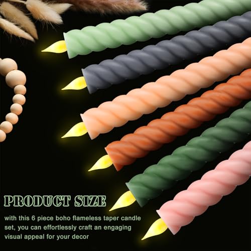 Image of Baquler 6 Pcs Pastel Flameless Taper Candle Twisted 9.65 in Boho Colorful Taper Candles Battery Operated Pastel Spiral Candlestick LED for Spring Wedding Birthday Home Party Holiday Dinner Fireplace