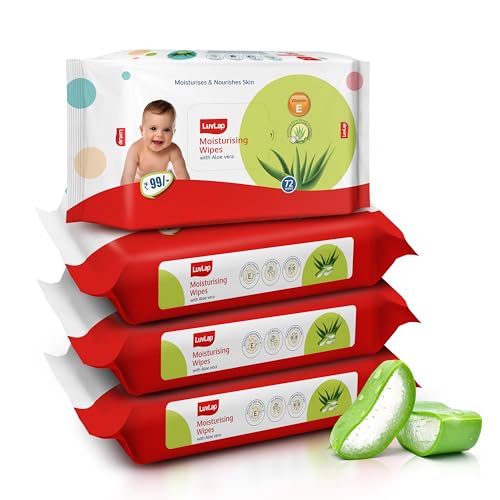 Image of LuvLap Moisturising Wet Wipes Without Lid for Baby Skin, Enriched with Aloe Vera, Vitamin E & Chamomile Extract, pH Balanced, Dermatologically Safe, Paraben & Sulphate Free, 72 Wipes, Pack of 4