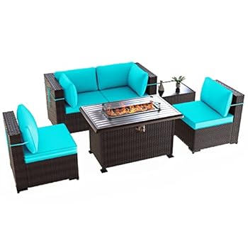 Alternative view of ASJMR Outdoor Patio Furniture with Fire Pit Table, 6 Pieces Outdoor Furniture Patio Sectional Sofa PE Rattan Conversation Sets w/43 Propane Gas Firepit & Coffee Table for Outside - Teal