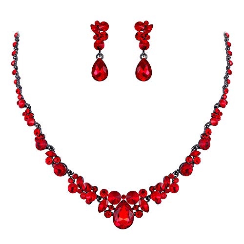 EVER FAITH Women's Austrian Crystal Luxury Ball Prom Floral Waterdrop Necklace Earrings Set Red Black-Tone