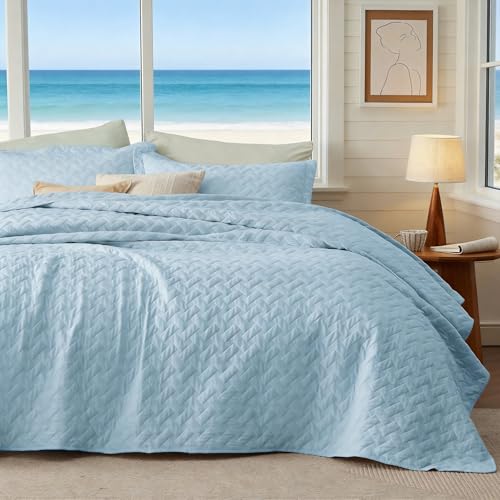 Image of Bedsure Quilts Queen Size - Lightweight Bedspreads Queen Size with Basket Weave Pattern, Soft Quilt Bedding Set, Sky Blue Comforter Set Coverlet for All Seasons with 2 Pillow Shams (90 inch x 96 inch)