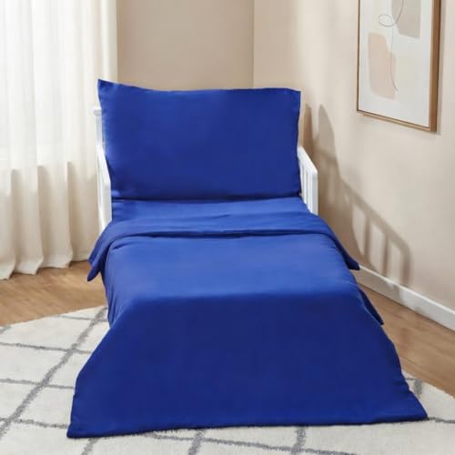 Image of EVERYDAY KIDS 4 Piece Toddler Bedding Set - Includes Comforter, Flat Sheet, Fitted Sheet and Reversible Pillowcase - Solid Navy