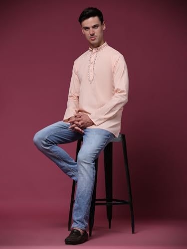 Image of SKAVIJ Men's Cotton Embroidered Kurta Shirt - Long Sleeve Traditional Indian Tunic for Casual