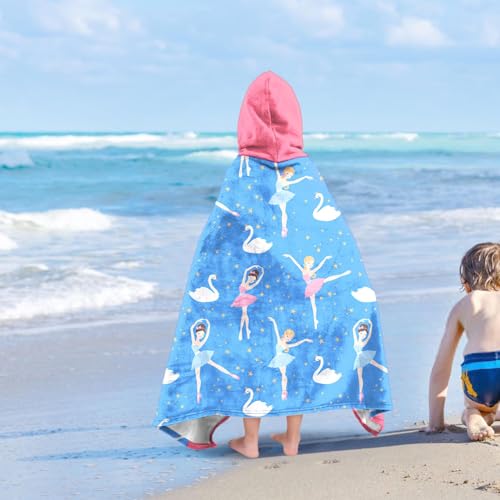 Image of Dance Girls Beach Towel with Hoodie for Kids Toddlers Age 4-8, Pink Blue Bath Towels Shower Wrap for Girls, Hooded Poncho Beach Blanket for Pool Swimming Cute Wearable Bath Towel for Child