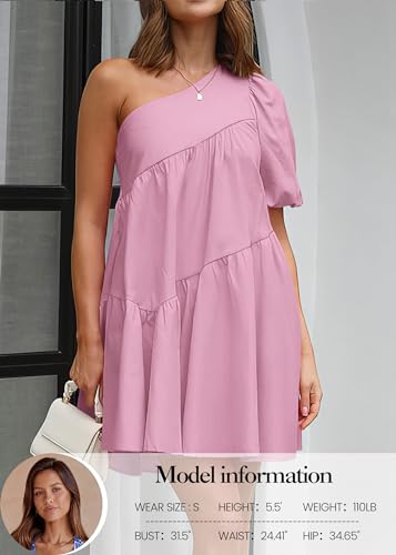 Image of KIRUNDO Summer One Shoulder Mini Baby Doll Dresses Women 2026 Casual Puff Sleeve Loose Tiered A Line Flowy Short Dress