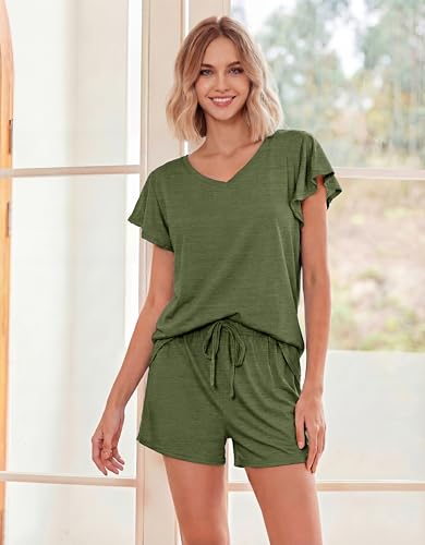 Ekouaer Pajamas Set Women Casual Ruffle Sleeves Soft Comfy Loungewear Set with Pockets,Medium,Dark Olive Green — view 2