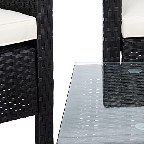 Image of Carry Bird 4 Piece PE Wicker Rattan Outdoor Furniture | 4 Seater Balcony Sofa With Tea Table | Set of 2+1+1 Outdoor Patio Chairs with Coffee Table | Sofa Sets & Center Table for Home & Garden | 3 Piece Patio Stools with Table | Indoor Patio Furniture Set Space Saving | Rattan Chair | Patio Set | Wicker Conversation Set | Poolside Lawn Arm Chairs Set For Balcony & Terrace | Balcony Table chair Set | Hotel Patio Seating Chair & Table Set with Glass | Black Wicker-White Cushion