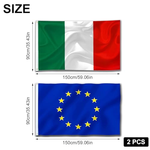 2 Flags Italia,Italy Flag,Windproof Flag,Large Flag Italy Tricolor,Italy Flag,Europe Flag,EU Decorative Flag,Sports Event,Parades Flag,2 Pieces Brass Cchielli 90x150cm - Image 2
