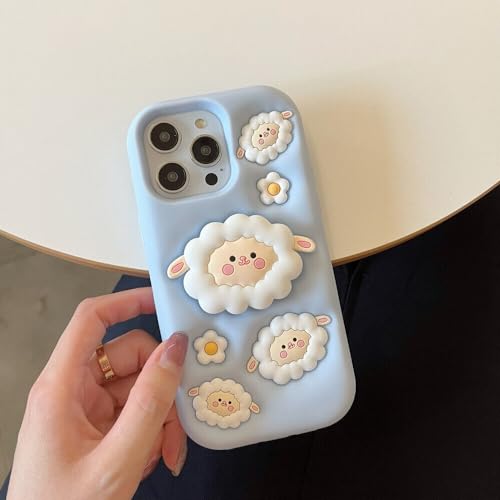 Image of COVERLY for iPhone 13 3D Cartoon Sheep Flock Case,Full Protective Funda Cotton Candy Cloud Pop Back Case with Holder Cute Soft Silicone Stylish Fashion Fun Aesthetic Cover for Apple iPhone 13